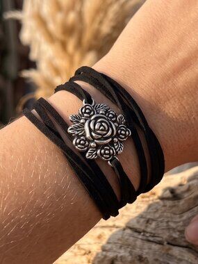 Tie Wrap Floral Rose Silver Bracelet Cuff Yoga Boho Biker Gift Dainty